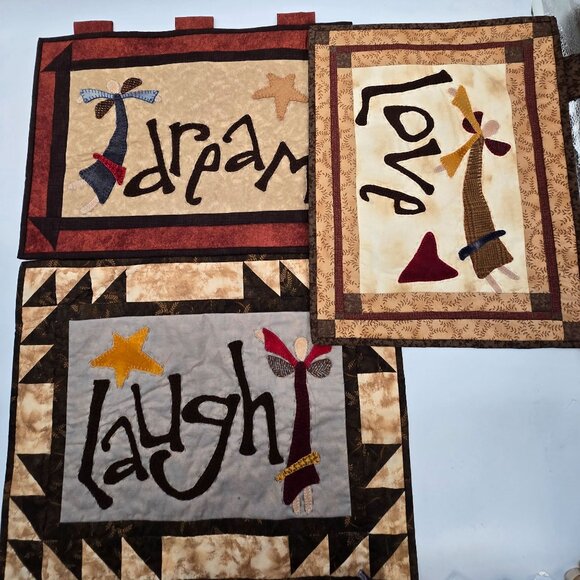 Set Of 3 Primitive Folk Art Quilted Wall Hangings With Words Dream Laugh Love & - Picture 1 of 7